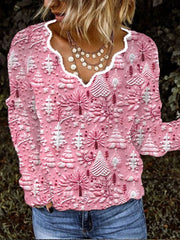 Women's Christmas Pink Christmas Print V-Neck Top