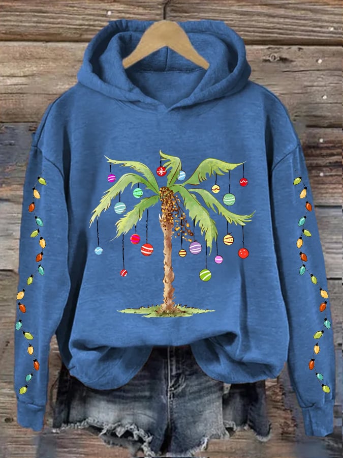 Christmas Palm Tree Print Hooded Sweatshirt