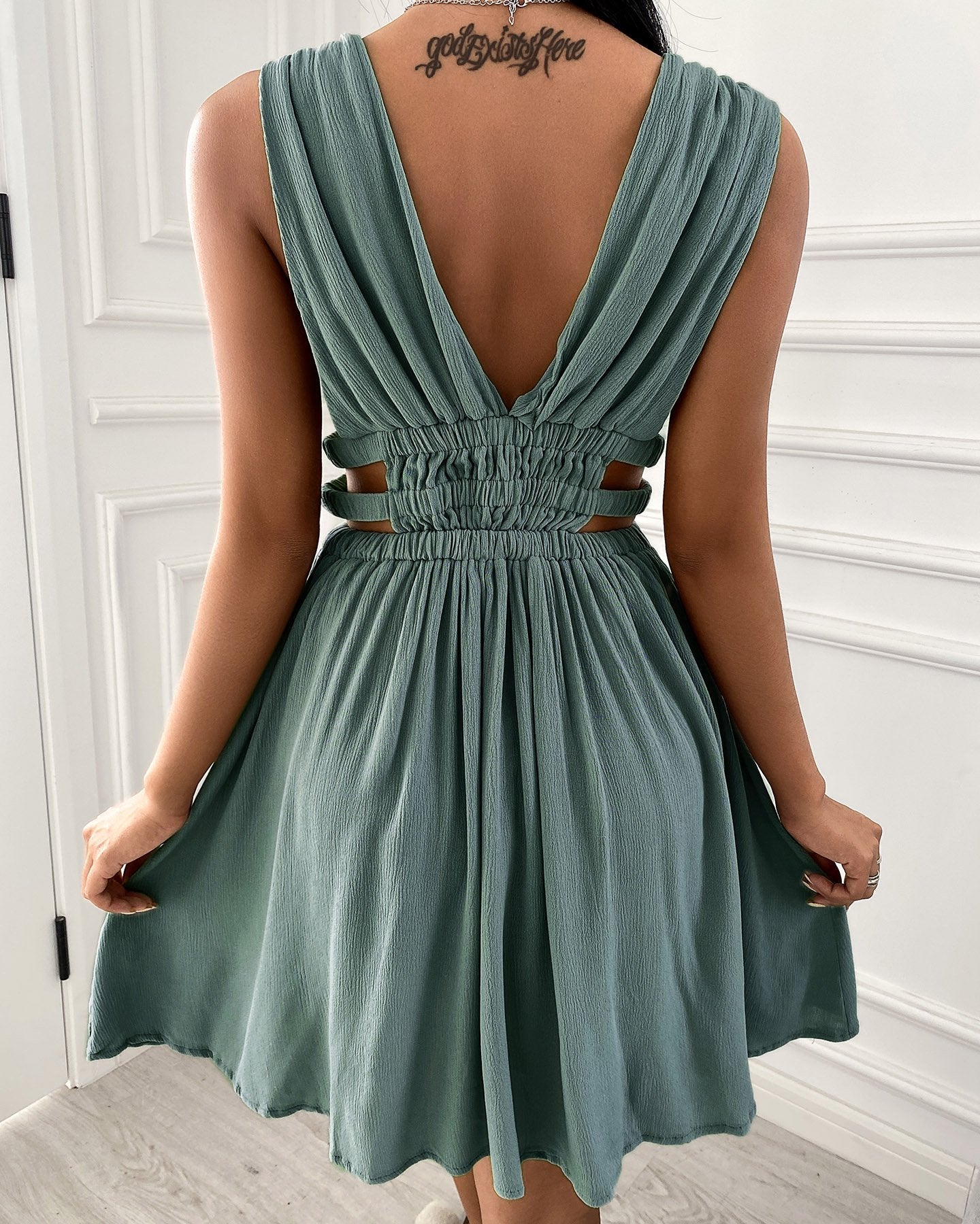 Plunge Cutout Ruched Backless Dress