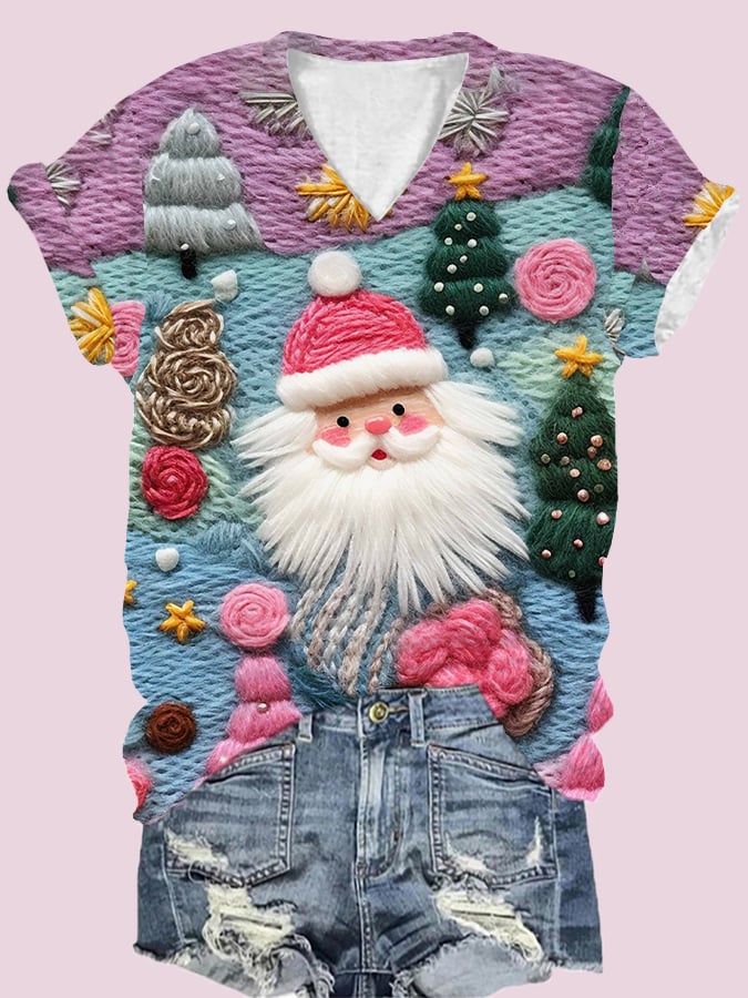 Pink Santa Print Christmas T-Shirt