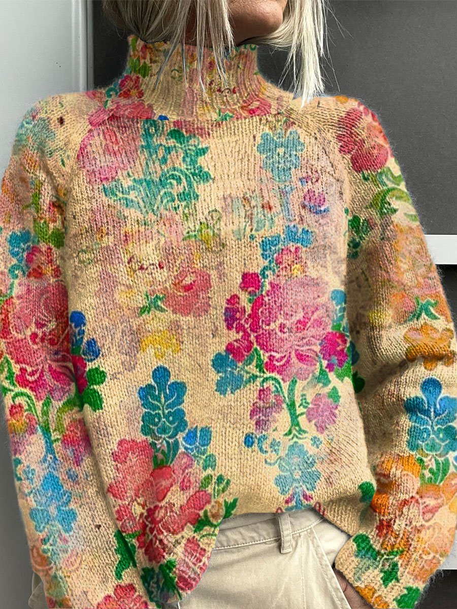 Vintage Christmas Flower Print Knit Turtleneck Pullover Sweater