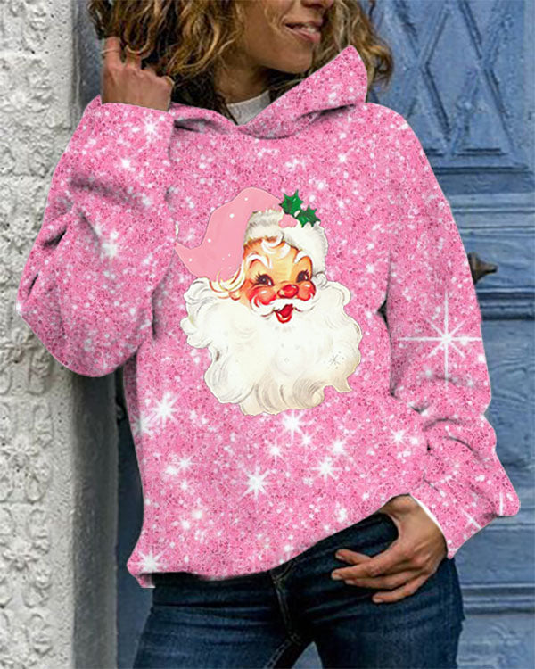Christmas Pink Santa Print Hoodie Sweatshirt