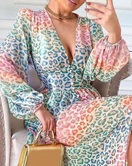 Puff Lantern Sleeve High Slit Colorblock Cheetah Print Dress