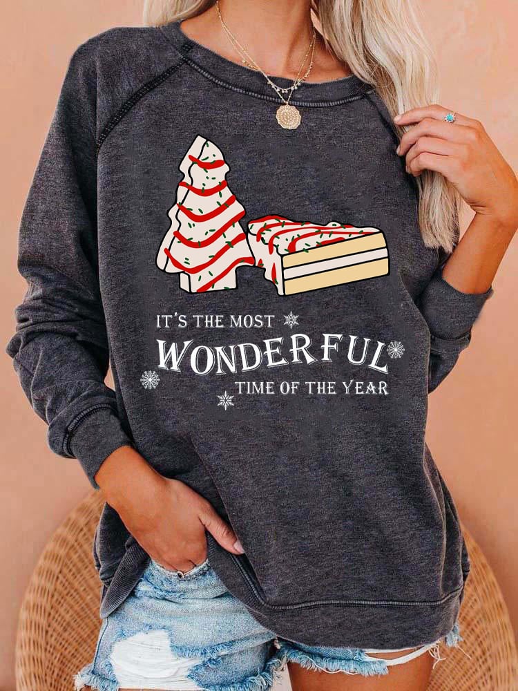 Christmas Tree Cake Print Casual Crewneck Sweatshirt