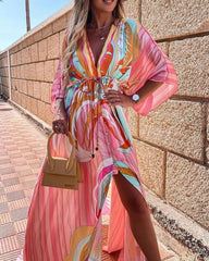 Graphic Print Tied Detail Batwing Sleeve Maxi Dress
