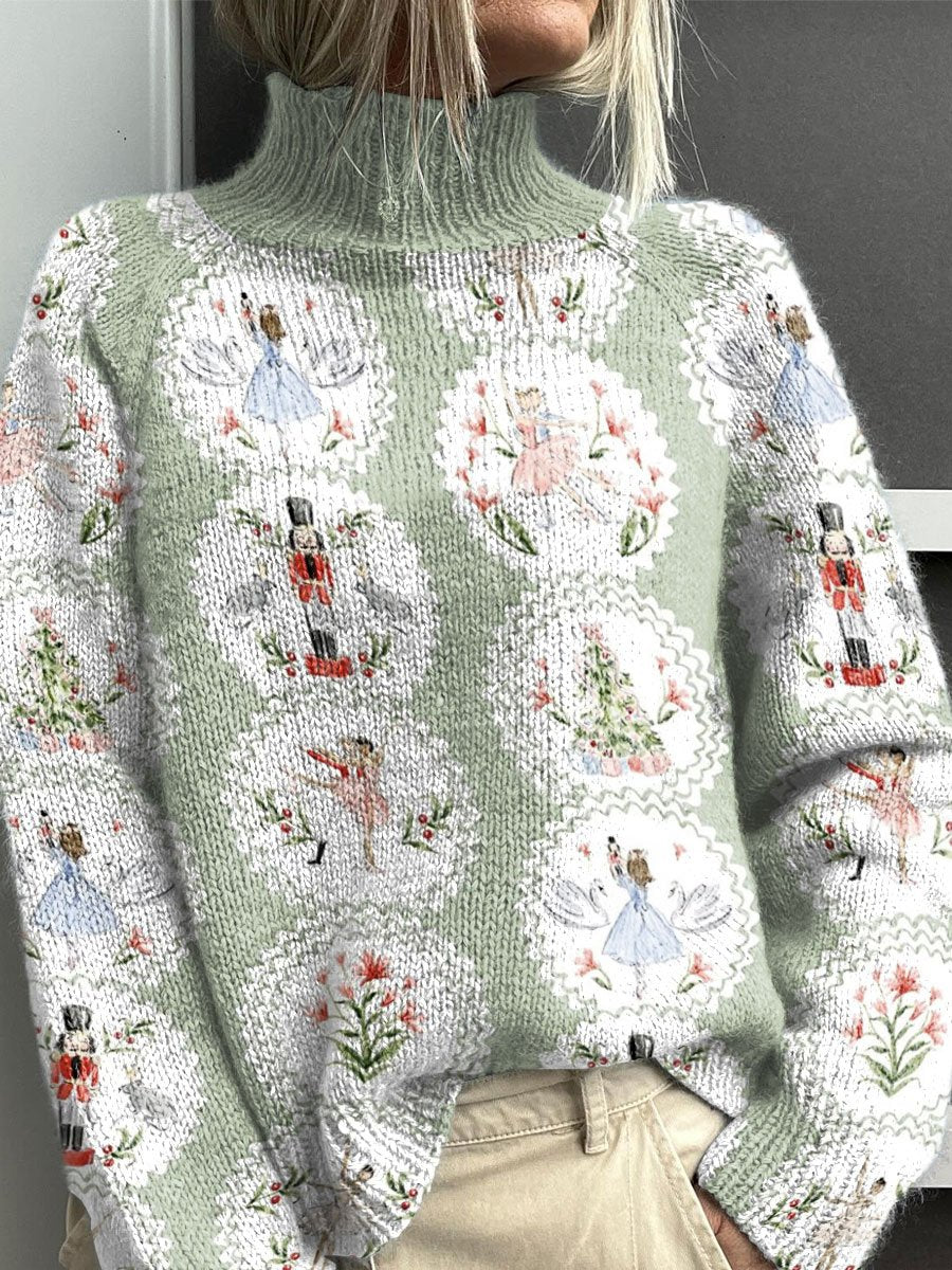 Green Christmas Nutcracker Christmas Tree Pattern Art Print Knit Turtleneck Pullover Sweater