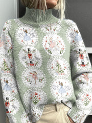 Green Christmas Nutcracker Christmas Tree Pattern Art Print Knit Turtleneck Pullover Sweater