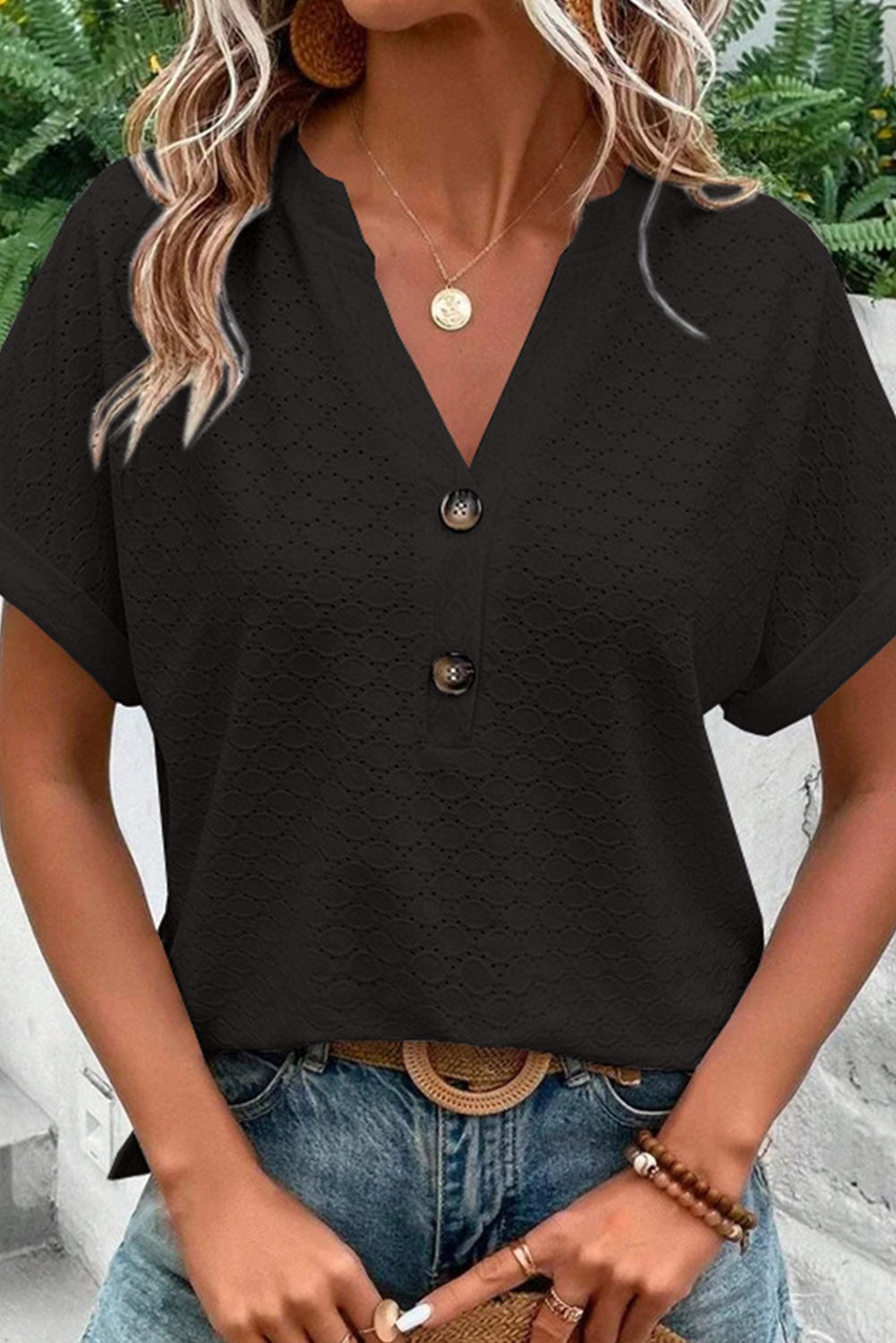 Eyelet Buttoned V Neck Top