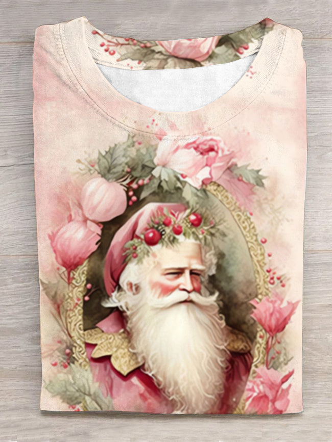 Retro Christmas Pink Santa Round Neck T-Shirt