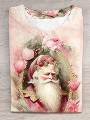 Retro Christmas Pink Santa Round Neck T-Shirt
