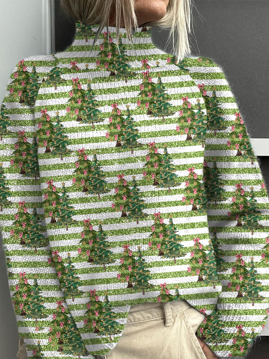 Glitter Christmas Print Knit Turtleneck Pullover Sweater