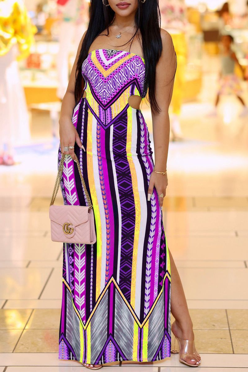Geo Print Cut Out Split Side Maxi Dress
