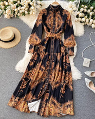 Vintage All Over Print Long Sleeve Maxi Dress With Belt