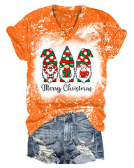 Women Merry Christmas Wave Point Gnomes Print T-Shirt