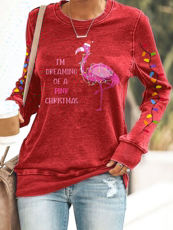 Christmas Flamingo Print Sweatshirt