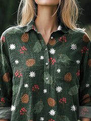 Christmas Mistletoe Pattern Printed Casual Cotton And Linen Shirt