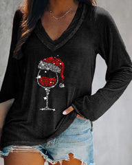 Christmas Wine Glass Print V-neck Long-sleeve Top