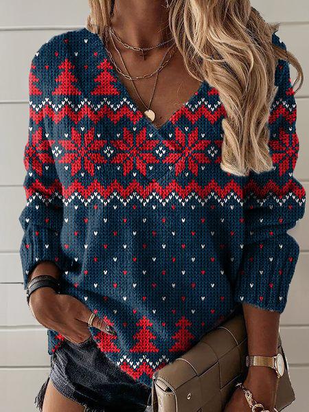 Christmas Pattern Art Print Knit V-neck Pullover Sweater