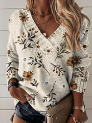 Vintage Christmas Print Knit V-neck Pullover Sweater