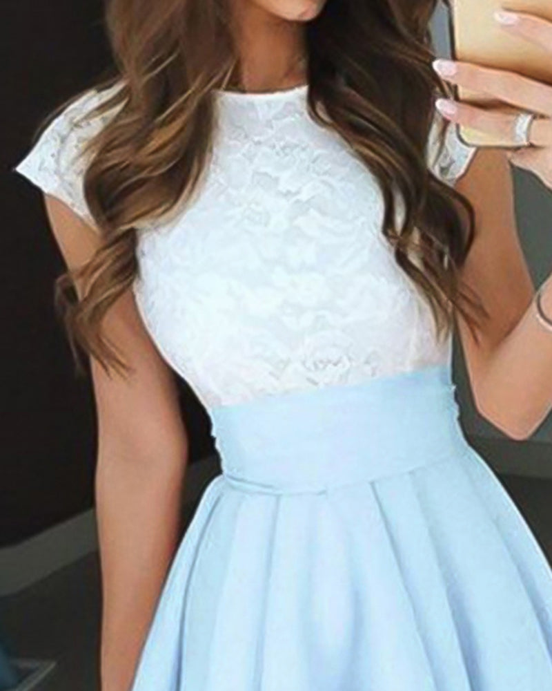 Colorblock Contrast Lace Ruffle Hem Mini Skater Dress