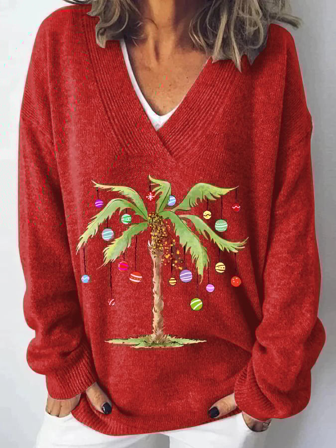 Christmas Palm Tree Print Knit Sweater
