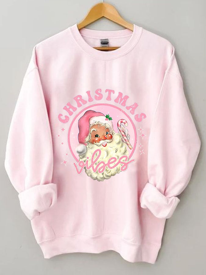 Pink Christmas Santa Print Casual Sweatshirt