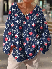 Happy Christmas Pattern Printed Casual Pullover Sweater