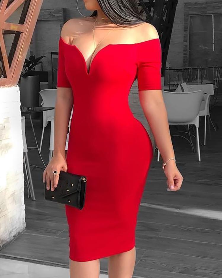 Solid Off Shoulder Short Sleeve Midi Dress