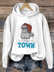 Santa's Coming to Town Print Casual Long Sleeve Hoodie