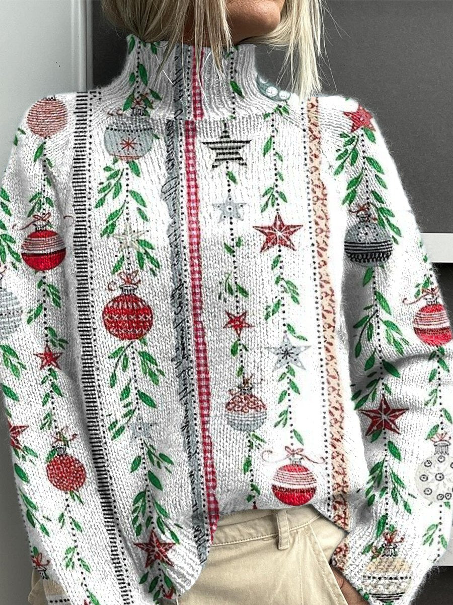 Christmas Striped Floral Art Vintage Print Knit Turtleneck Pullover Sweater