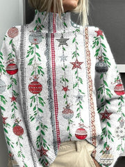 Christmas Striped Floral Art Vintage Print Knit Turtleneck Pullover Sweater