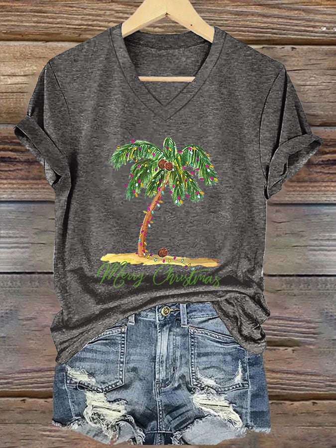 Retro Palm Tree Merry Chrismas Print T-Shirt