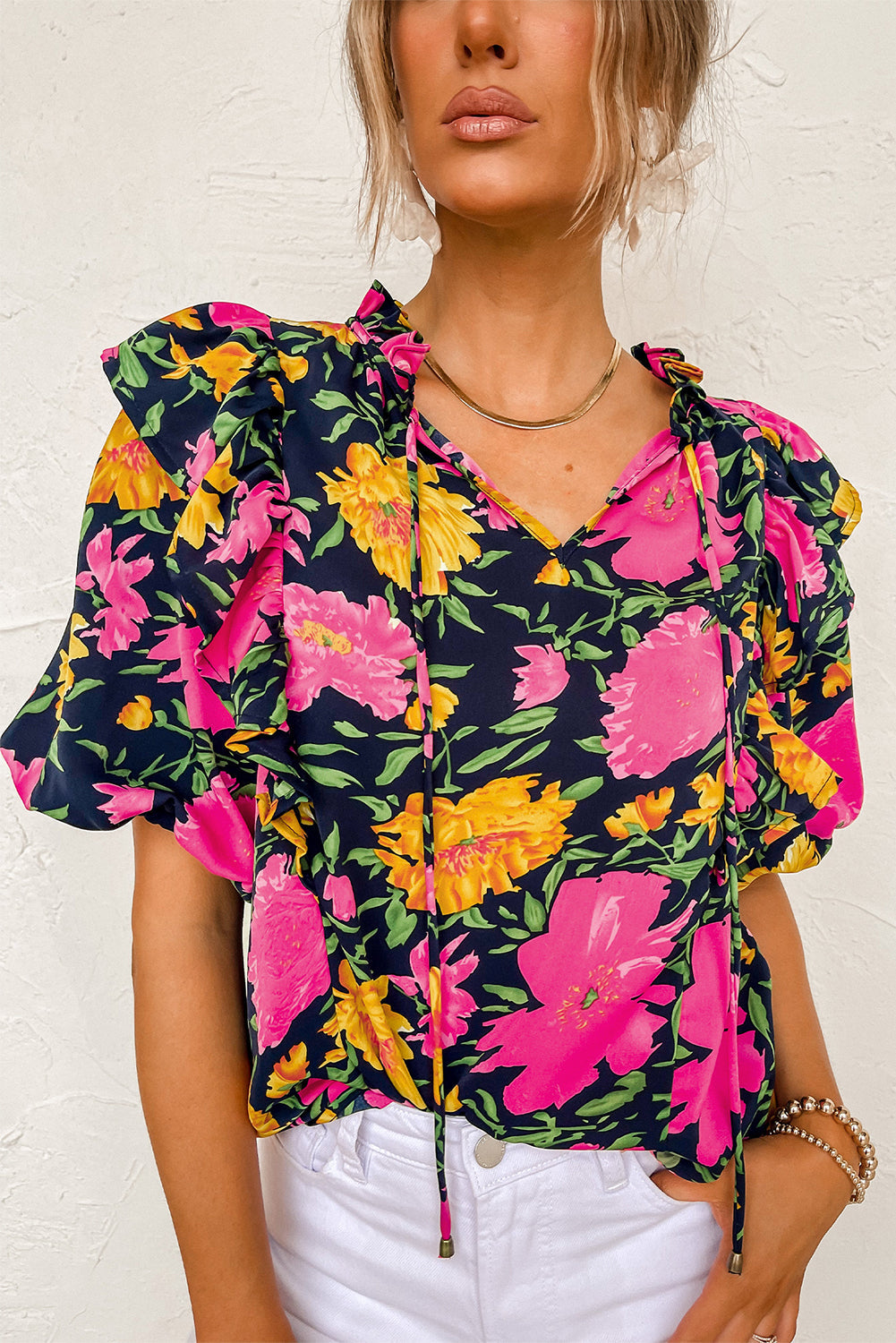 Floral Bubble Sleeve Ruffled Blouse