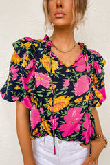 Floral Bubble Sleeve Ruffled Blouse