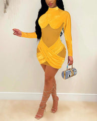 Solid Criss Cross Sheer Contrast Mesh Bodycon Mini Dress