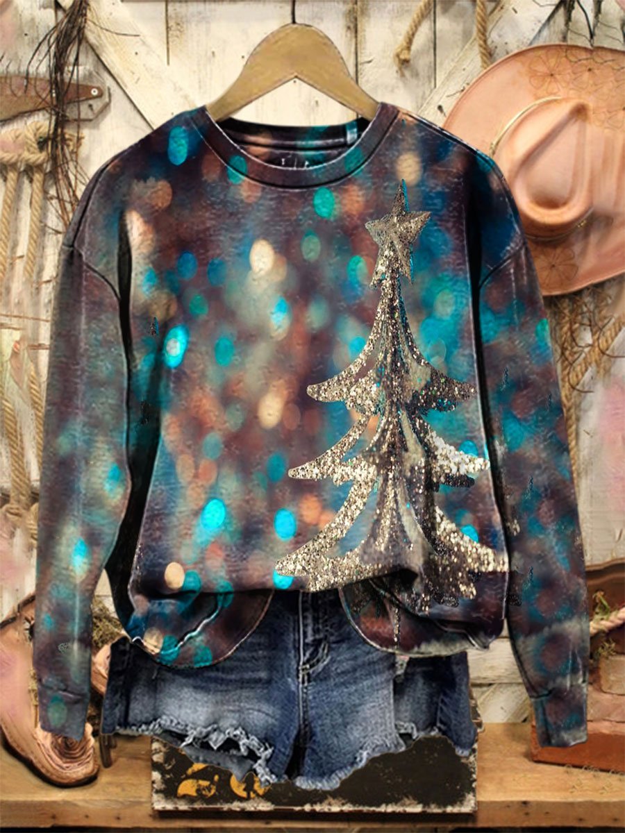 Glitter Vintage Christmas Tree Print Casual Sweatshirt