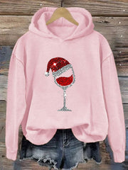 Women's Christmas Shiny Red Wine Glass Casual Hoodie