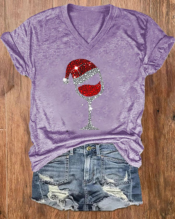 Merry Christmas Wine Glass V-Neck Top