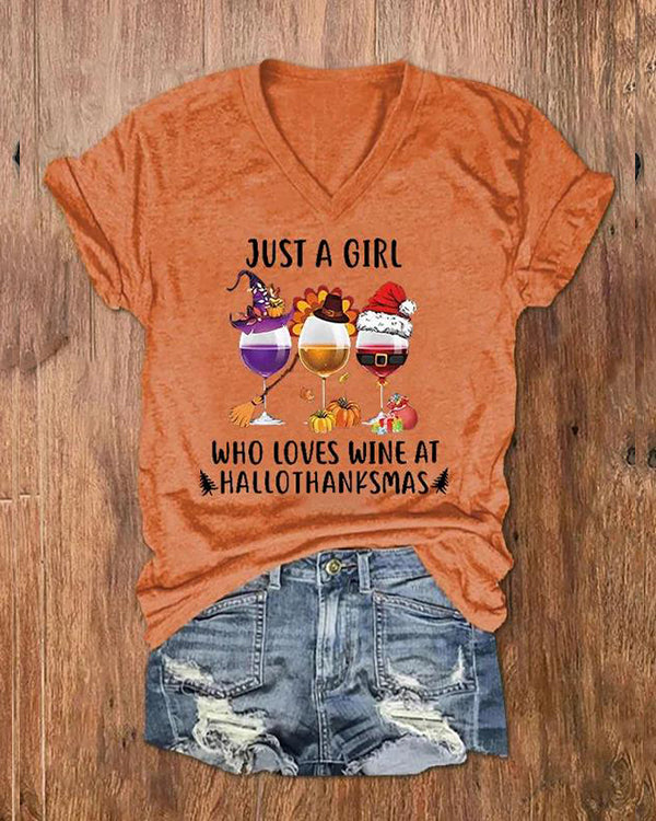 Just A Girl Who Loves Wine At Hallothanksmas Print V-Neck T-Shirt