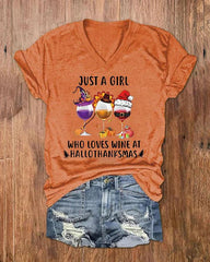 Just A Girl Who Loves Wine At Hallothanksmas Print V-Neck T-Shirt