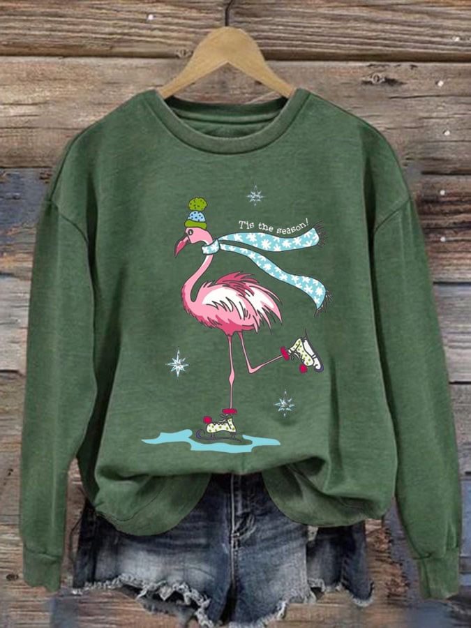 Christmas Flamingo Print Crew Neck Sweatshirt