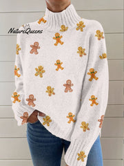 Christmas Cookies Print Knit Turtleneck Pullover Sweater