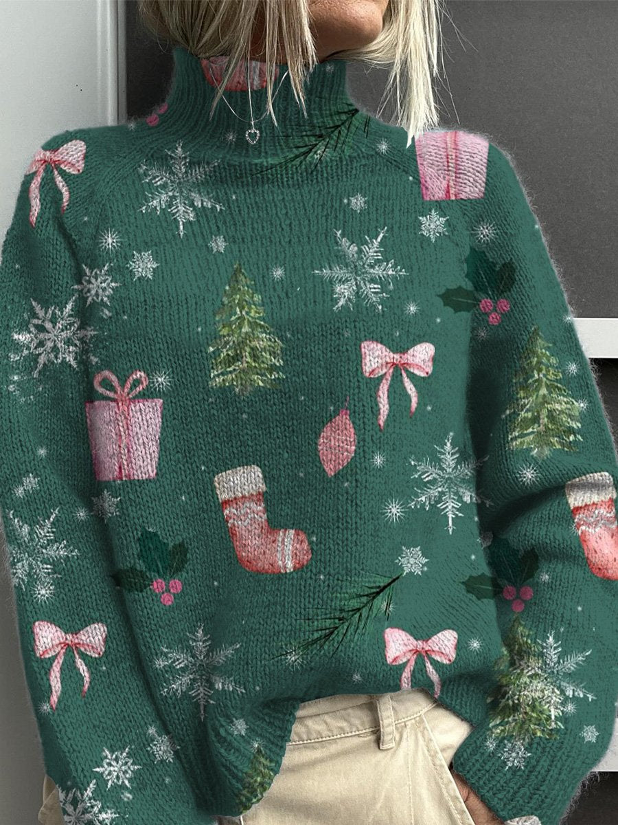Watercolor Christmas Pattern Printed Knit Turtleneck Pullover Sweater