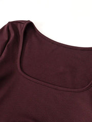 Solid Square Neck Cropped Long Sleeve Knit