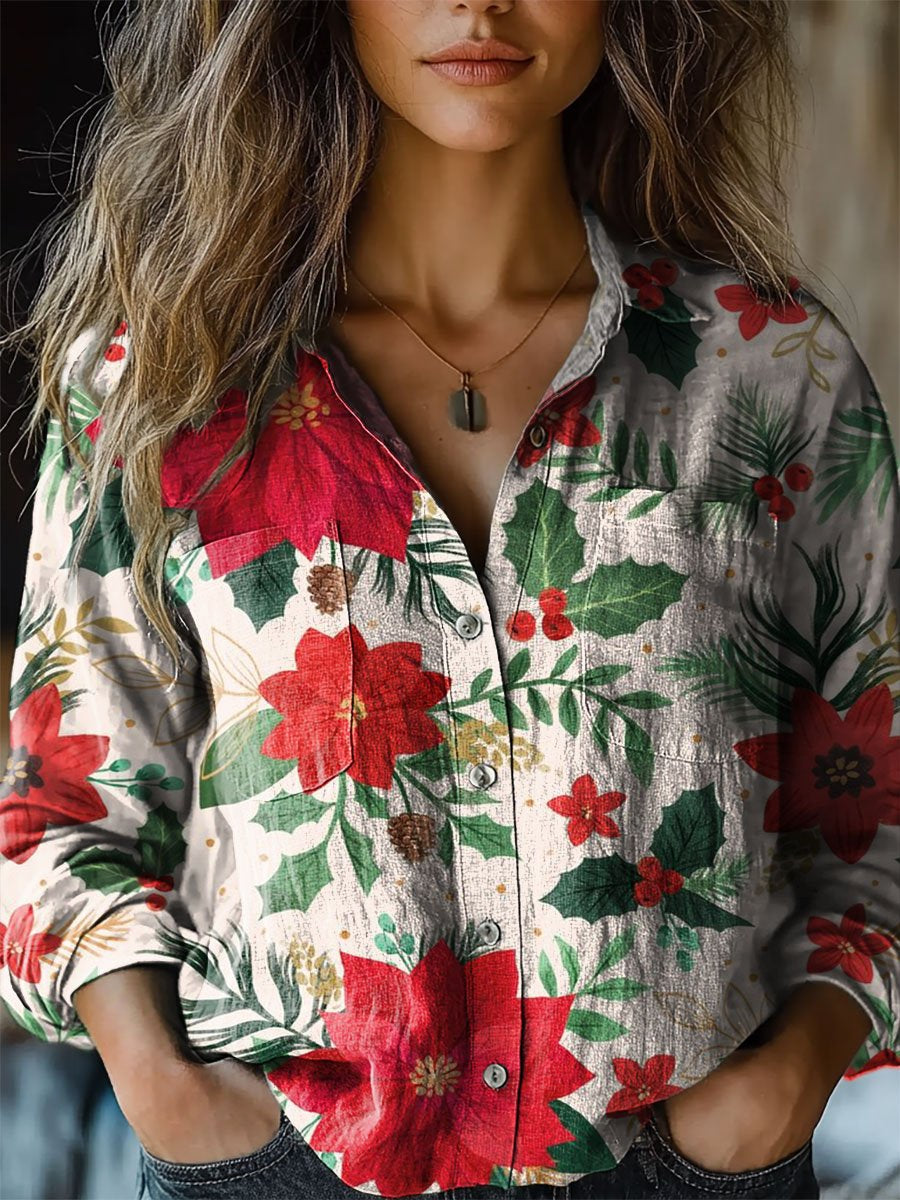 Retro Christmas Atmosphere Print Casual Long Sleeve Comfortable Cotton Shirt