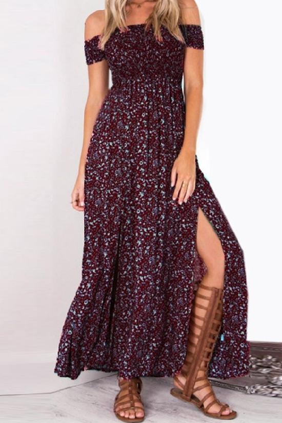 Off Shoulder Boho Floral Maxi Dress