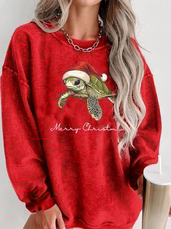 Christmas Turtle Crew Neck Casual Corduroy Sweatshirt