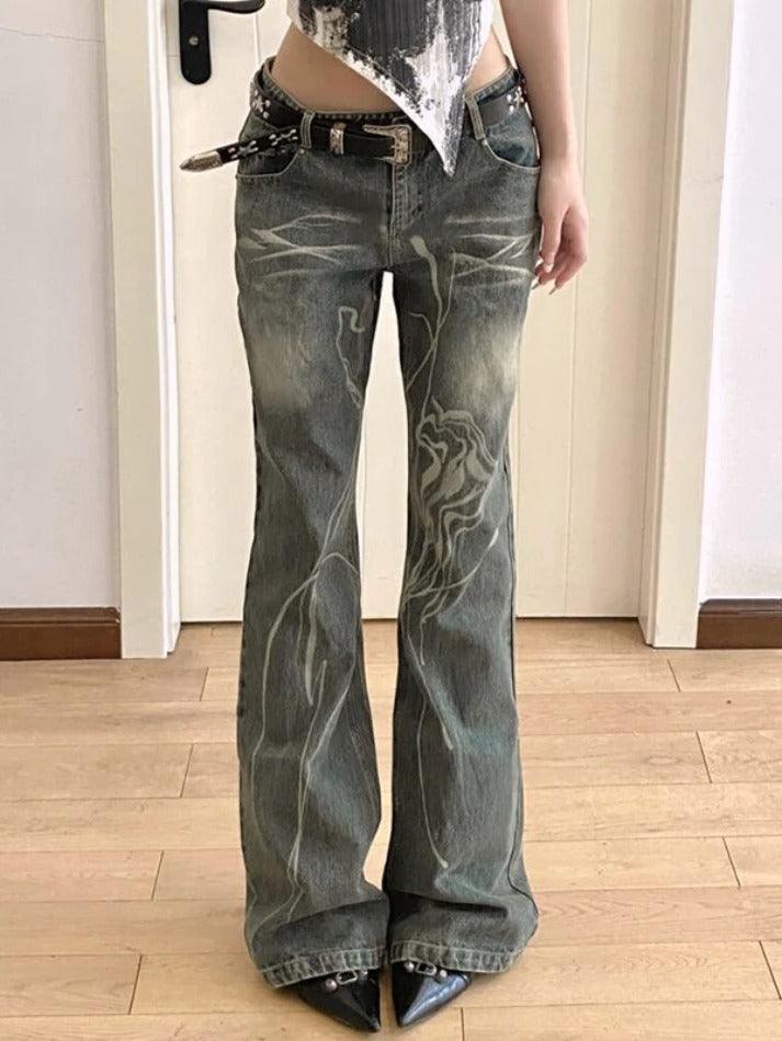 Washed Irregular Print Low Waist Flare Jeans