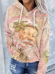 Pink Vintage Santa Claus Print Long Sleeve Hoodie