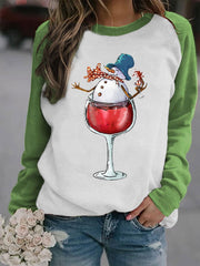 Snowman Wine Glass Print Christmas Sweatshirt